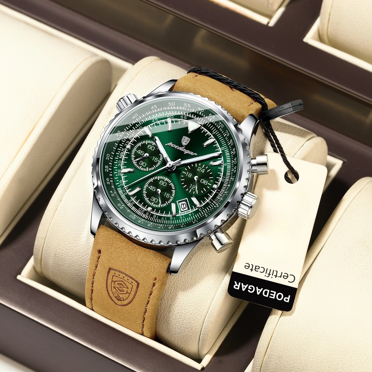 Poedagar Herren Luxus Chronograph Quarzuhr mit Datum | 50 m wasserdicht, kratzfestes Saphirglas, Lederarmband, Edelstahl 316L | elegant & sportlich