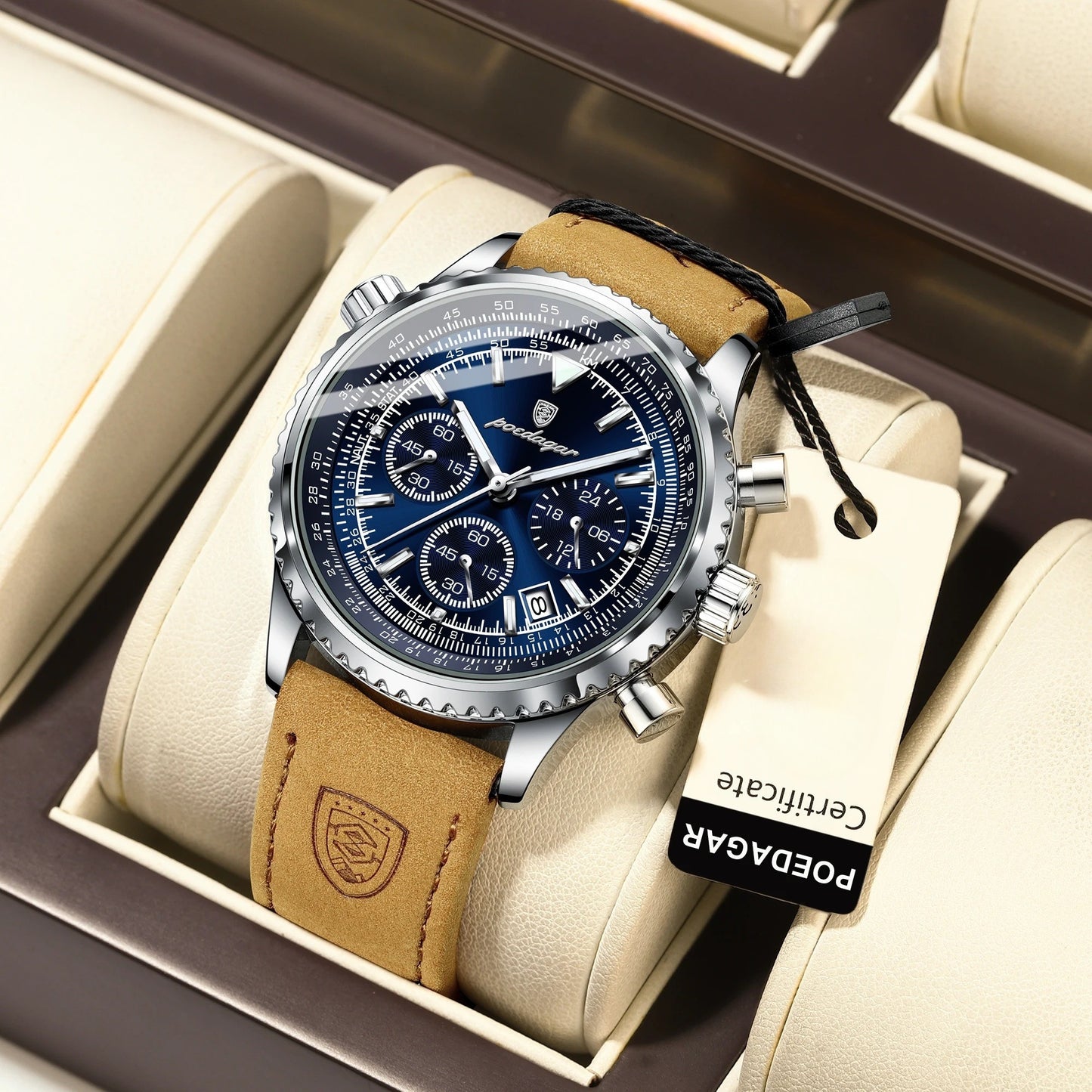 Poedagar Herren Luxus Chronograph Quarzuhr mit Datum | 50 m wasserdicht, kratzfestes Saphirglas, Lederarmband, Edelstahl 316L | elegant & sportlich