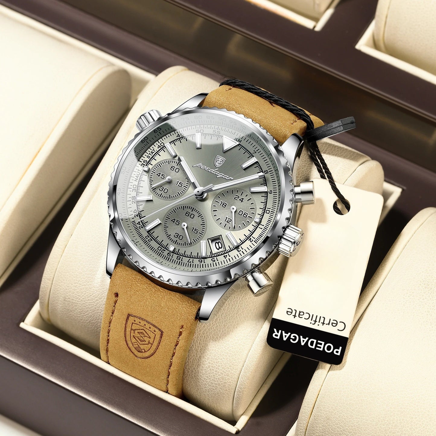Poedagar Herren Luxus Chronograph Quarzuhr mit Datum | 50 m wasserdicht, kratzfestes Saphirglas, Lederarmband, Edelstahl 316L | elegant & sportlich