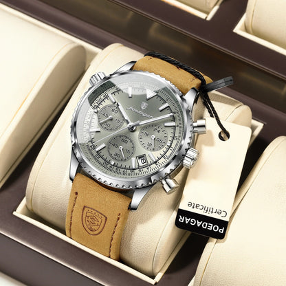 Poedagar Herren Luxus Chronograph Quarzuhr mit Datum | 50 m wasserdicht, kratzfestes Saphirglas, Lederarmband, Edelstahl 316L | elegant & sportlich